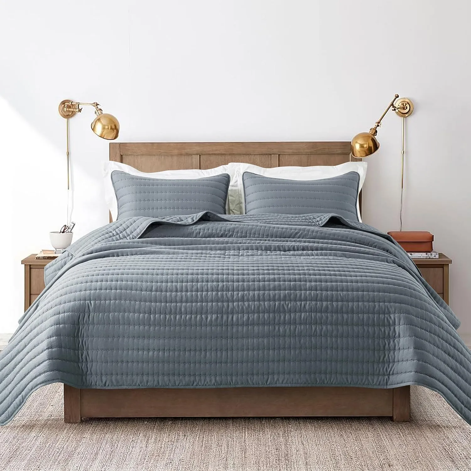 ROARINGWILD Blue Queen Size Quilt Bedding Sets with 2 Pillow Shams, Full Lightweight Soft Bedspread Coverlet, Quilted Blanket Thin Comforter Bed Cover for All Season, 3 Pieces, 90x90 inches