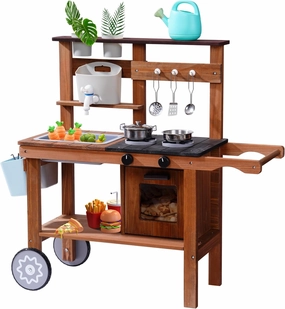ROBOTIME Mud Kitchen for Kids With Wheels, Wooden Playset With Accessories, Outdoor Play Kitchen, Fun Backyard Pretend Toy for Boys Girls Ages 3 