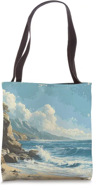 Rocky Coastline With Waves Vintage Landscape Graphic Tote Bag