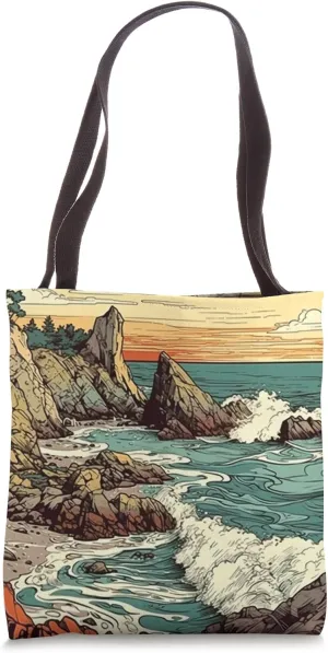 Rocky Coastline With Waves Vintage Landscape Graphic Tote Bag
