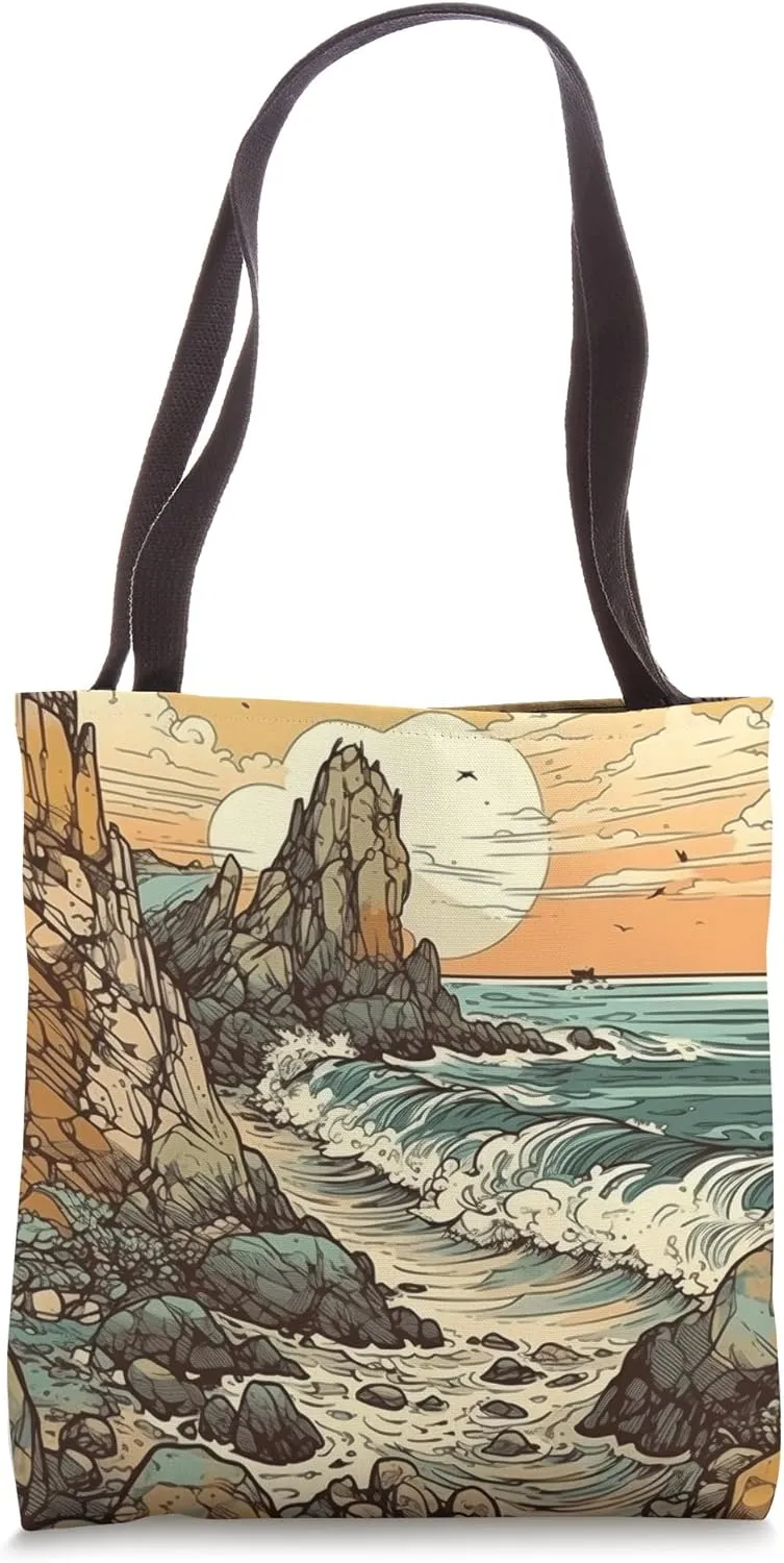 Rocky Coastline With Waves Vintage Landscape Graphic Tote Bag