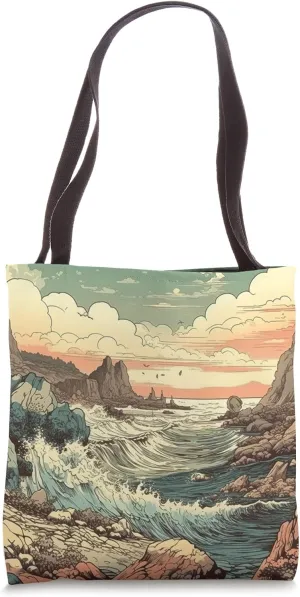 Rocky Coastline With Waves Vintage Landscape Graphic Tote Bag