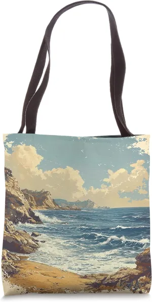 Rocky Coastline With Waves Vintage Landscape Graphic Tote Bag