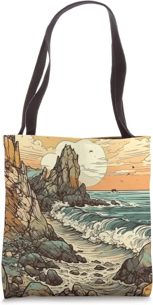 Rocky Coastline With Waves Vintage Landscape Graphic Tote Bag