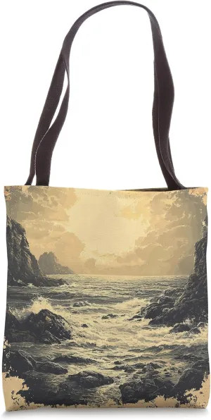 Rocky Coastline With Waves Vintage Landscape Graphic Tote Bag