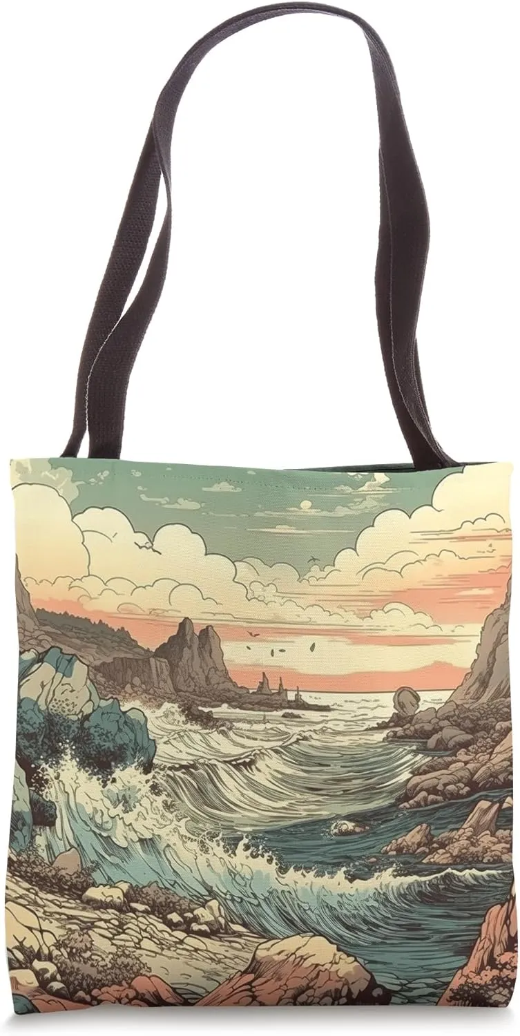 Rocky Coastline With Waves Vintage Landscape Graphic Tote Bag