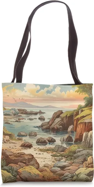 Rocky Shoreline Vintage Landscape Graphic Tote Bag