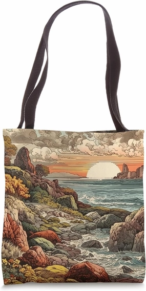 Rocky Shoreline Vintage Landscape Graphic Tote Bag