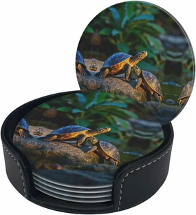 Round Twilight Turtles Printed Coasters,Funny Leather Coasters Set of 6 with Holder Cute Cup Mat Pad for Drinks Coffee Table