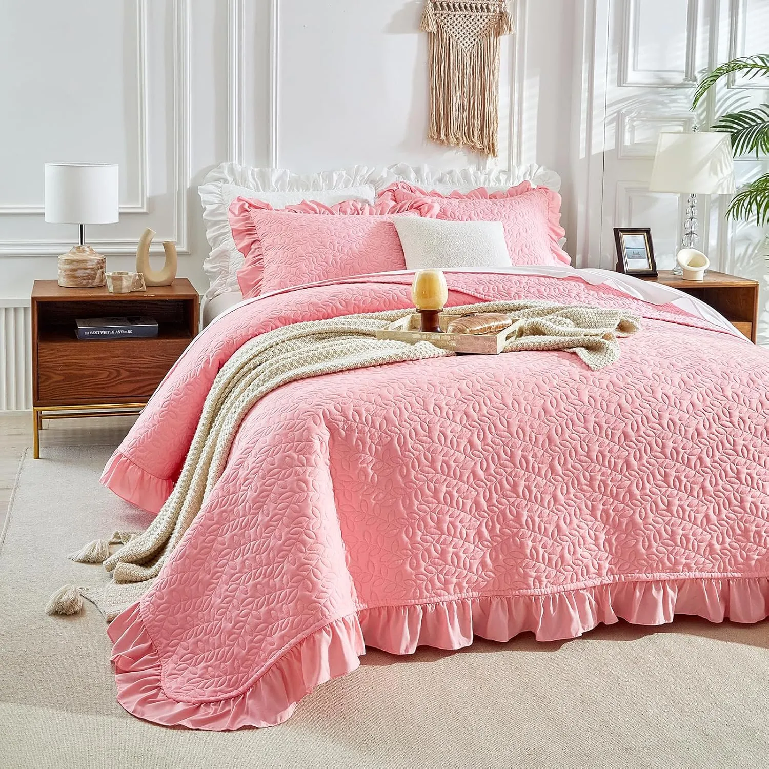 Ruffled Quilt Set Queen Size 96 * 96in - 3 Pieces Solid Shabby Chic Farmhouse Ruffle Bedding Rustic Coverlet & Sets Lightweight Fluffy Summer Oversized Bedspread with Shams for Women Girls - Pink