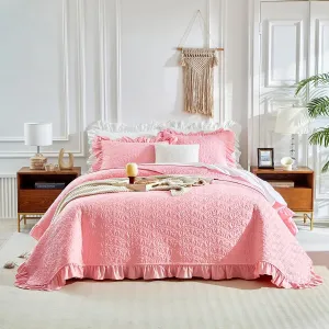 Ruffled Quilt Set Queen Size 96 * 96in - 3 Pieces Solid Shabby Chic Farmhouse Ruffle Bedding Rustic Coverlet & Sets Lightweight Fluffy Summer Oversized Bedspread with Shams for Women Girls - Pink