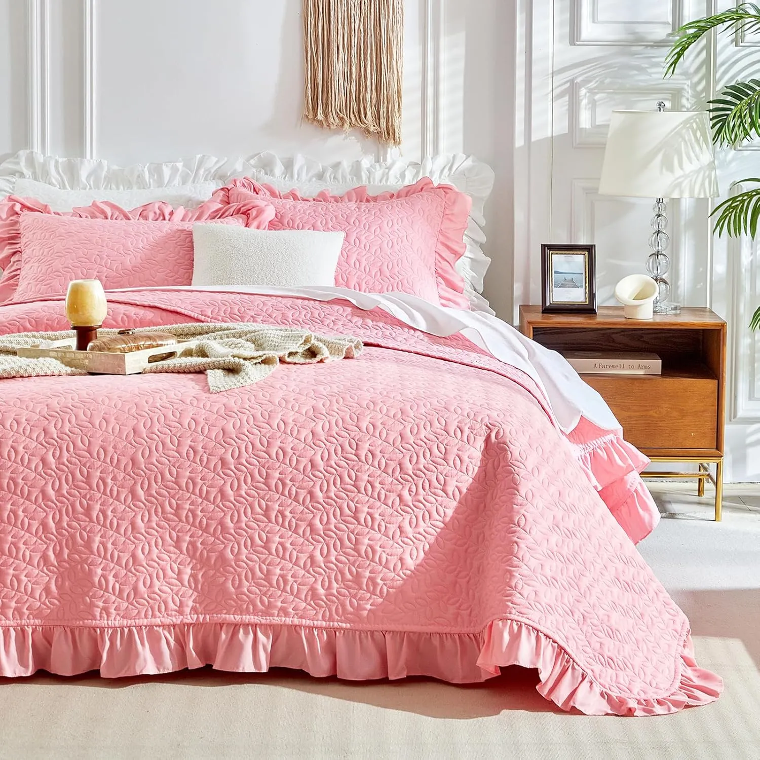 Ruffled Quilt Set Queen Size 96 * 96in - 3 Pieces Solid Shabby Chic Farmhouse Ruffle Bedding Rustic Coverlet & Sets Lightweight Fluffy Summer Oversized Bedspread with Shams for Women Girls - Pink