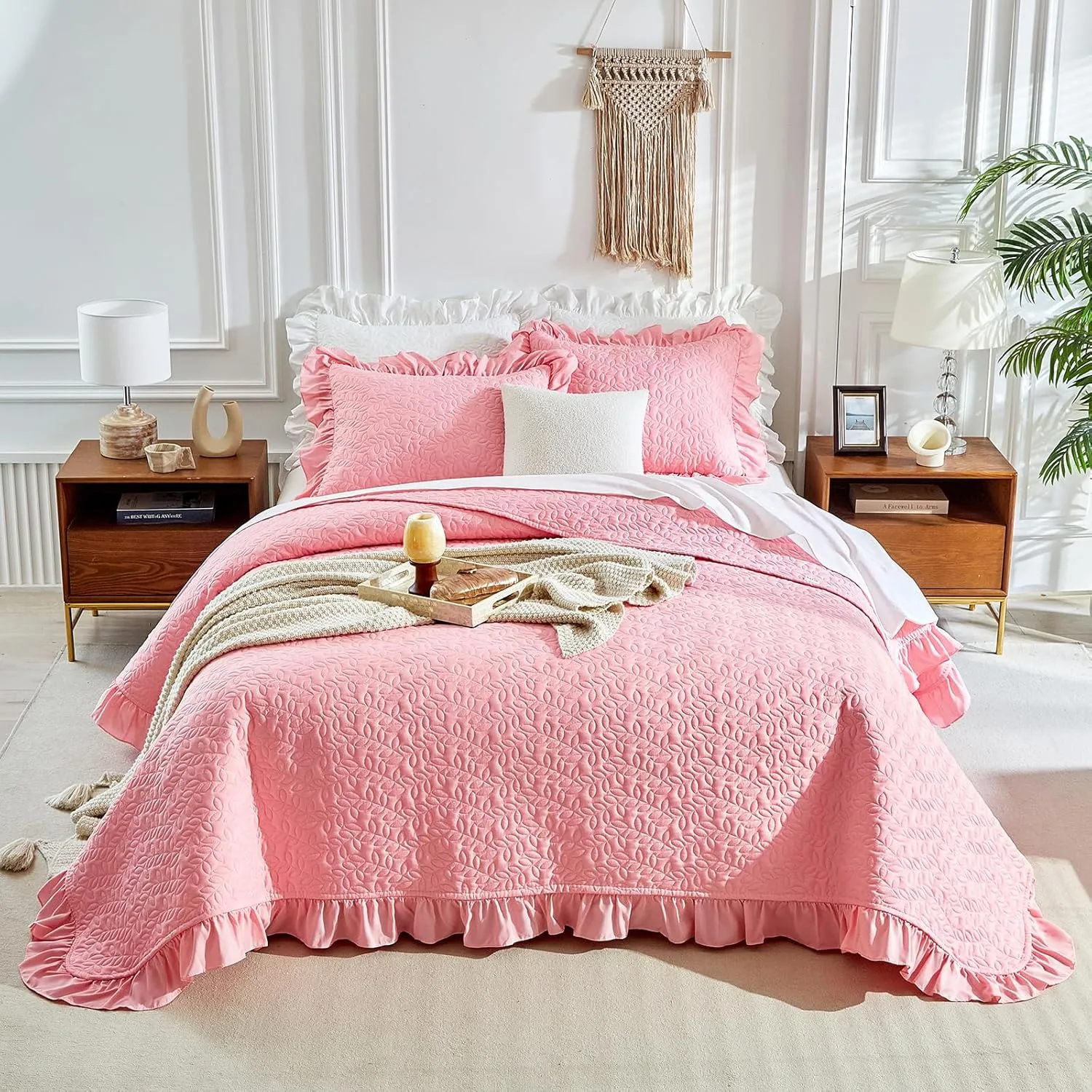 Ruffled Quilt Set Queen Size 96 * 96in - 3 Pieces Solid Shabby Chic Farmhouse Ruffle Bedding Rustic Coverlet & Sets Lightweight Fluffy Summer Oversized Bedspread with Shams for Women Girls - Pink