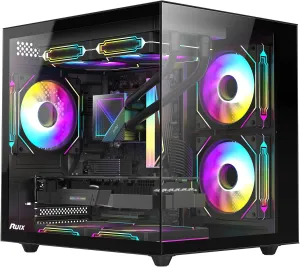RUIX OV502 M-ATX Mini-Tower PC Case, Pre-Installed 3 x 120mm Prism ARGB PWM Fans, 180° Panoramic Tempered Glass Panel, USB 3.0 Ports, Compact High-Airflow Gaming Computer Case - Black