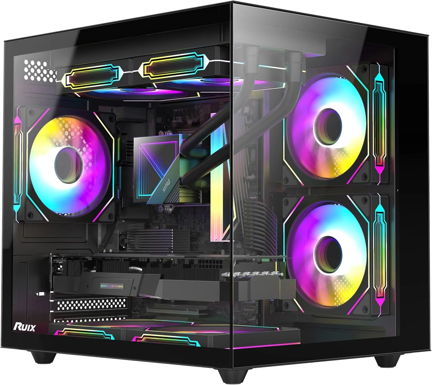 RUIX OV502 M-ATX Mini-Tower PC Case, Pre-Installed 3 x 120mm Prism ARGB PWM Fans, 180° Panoramic Tempered Glass Panel, USB 3.0 Ports, Compact High-Airflow Gaming Computer Case - Black