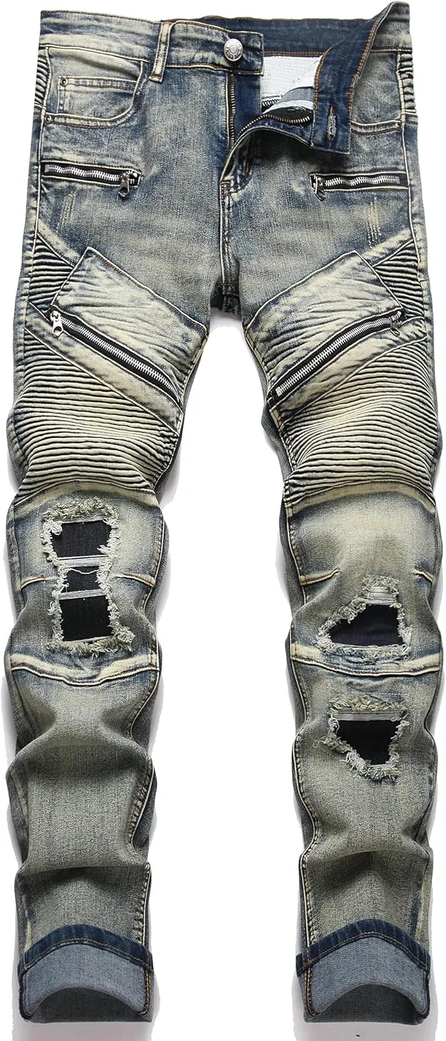 RXXKKK Men's Classic Zipper Biker Regular Fit Flex Jean