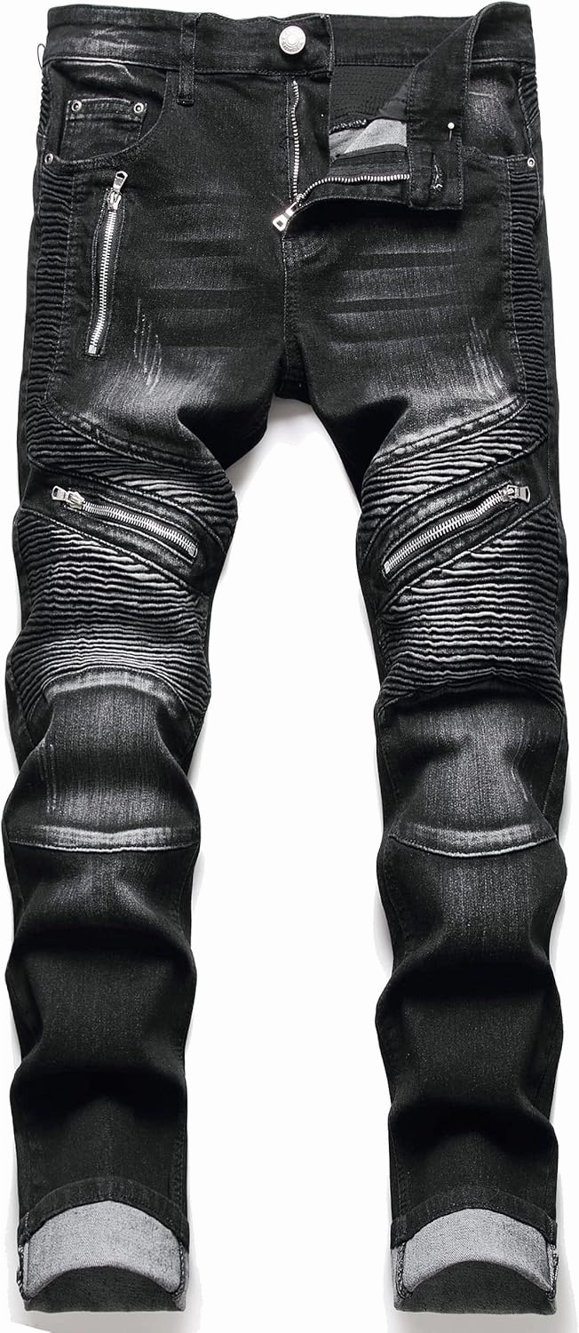 RXXKKK Men's Classic Zipper Biker Regular Fit Flex Jean