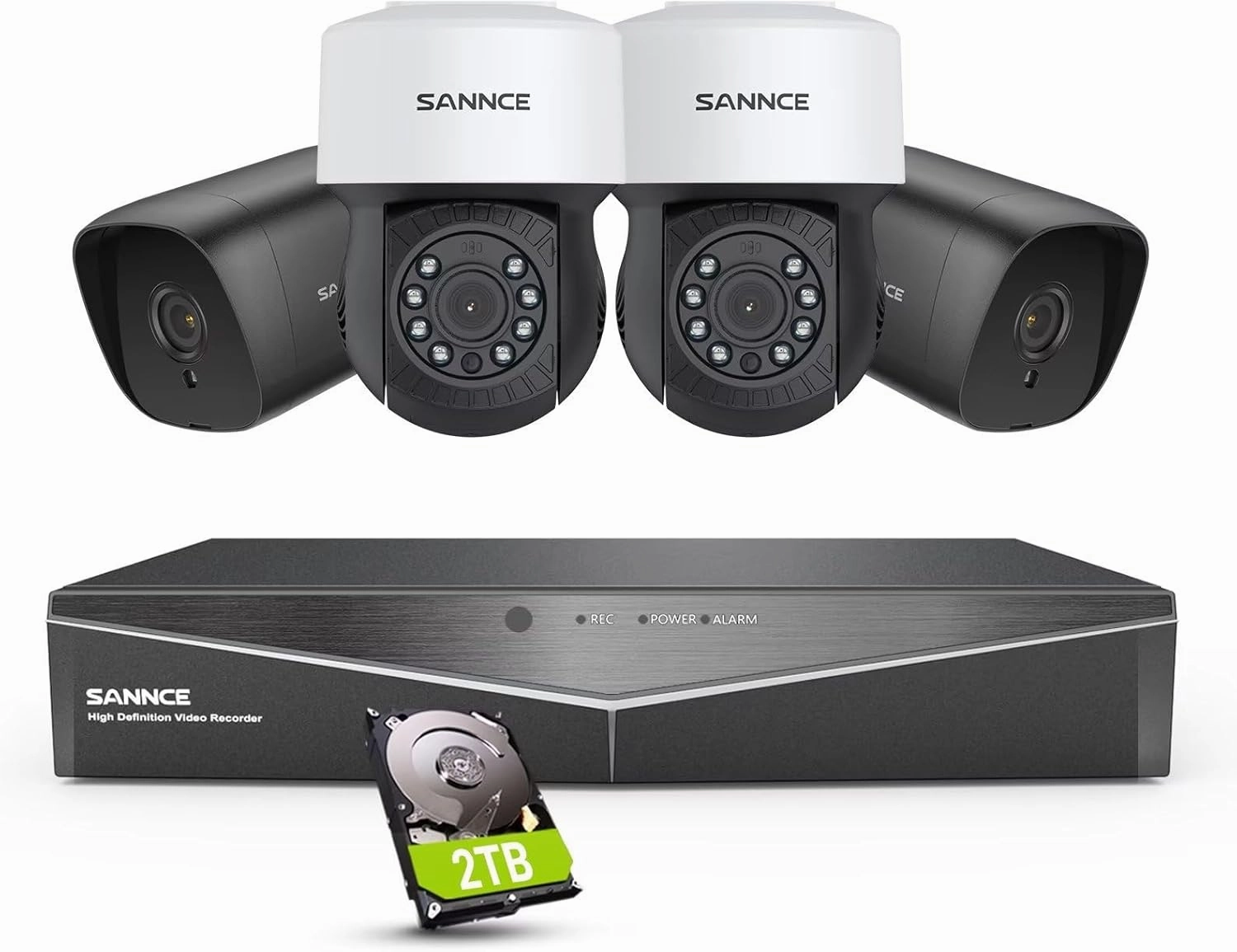 SANNCE 8 Channel Security CCTV Camera System 1080P, 2MP CCTV DVR with 2TB Hard Drive, 2X 1080P Bullet Surveillance Cameras, 2X PT Digital Zoom Dome Camera, Outdoor/Indoor Email & APP Alert