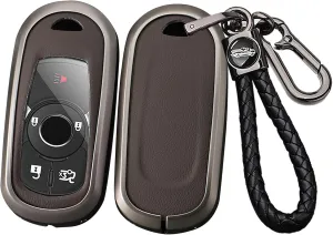 SANRILY Metal&Leather 4/5/6 Button Key Fob Cover Compatible with Buick Envista 2024 Invista ST Enclave Encore GX Envision Lacrosse Regal Tourx Keyless with Weave Keychain Brown