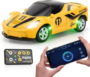 SASBSC 1:64 Mini Rc Drift Car for 3  Year Old Kids Adults 2.4 GHz Rechargeable App & Remote Control Desktop Race Car with Lights Fast Sport Toy Cars for Boys Girls Birthday (Yellow)