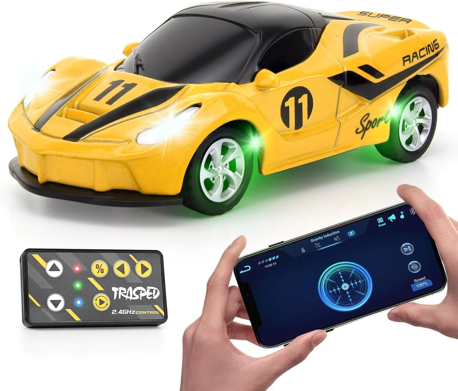 SASBSC 1:64 Mini Rc Drift Car for 3  Year Old Kids Adults 2.4 GHz Rechargeable App & Remote Control Desktop Race Car with Lights Fast Sport Toy Cars for Boys Girls Birthday (Yellow)