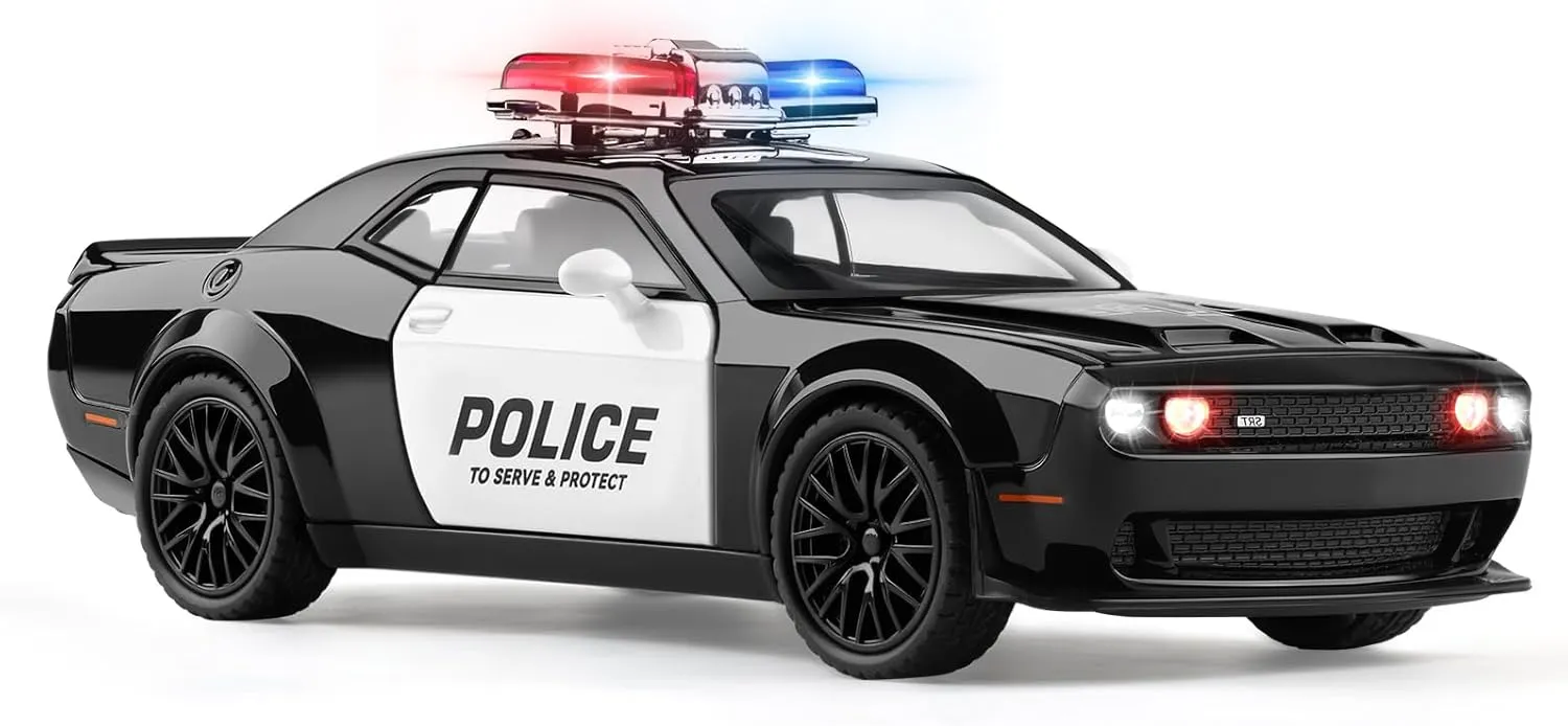 SASBSC Police Car Toy for Boys Age 3-12 1:32 Diecast Metal Toy Cars for Kids with Light and Sound Hellcat Challenger Pull Back Car for 3  Year Old Boys Birthday Gifts (Police-1:32 Scale)