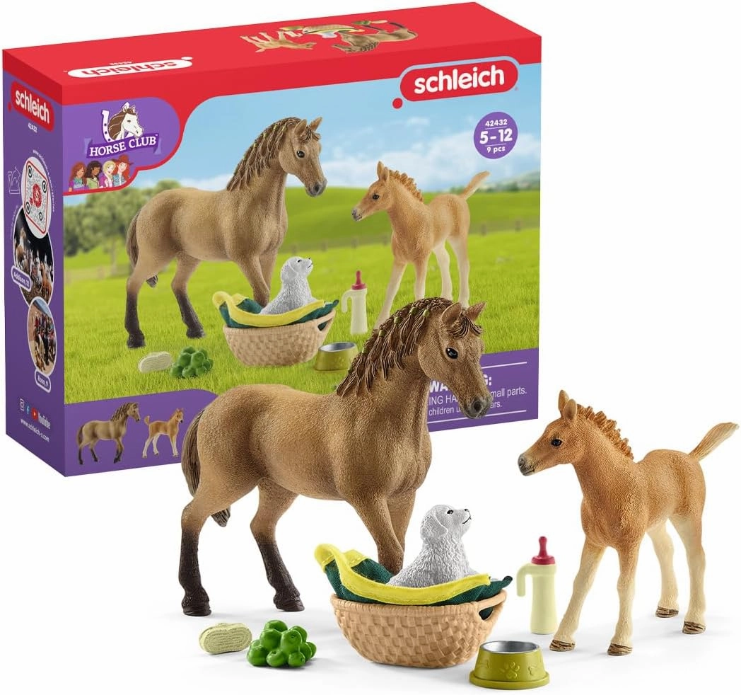 Schleich Horse Club Sarah's Baby Horse Animal Care Figurine Toy Set - Little Farm Animal Care Horse, Foal, and Puppy with Accessories Play Toy Set for Boys and Girls, Gift for Kids Age 5 
