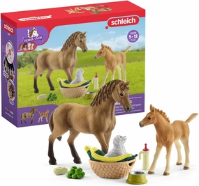Schleich Horse Club Sarah's Baby Horse Animal Care Figurine Toy Set - Little Farm Animal Care Horse, Foal, and Puppy with Accessories Play Toy Set for Boys and Girls, Gift for Kids Age 5 