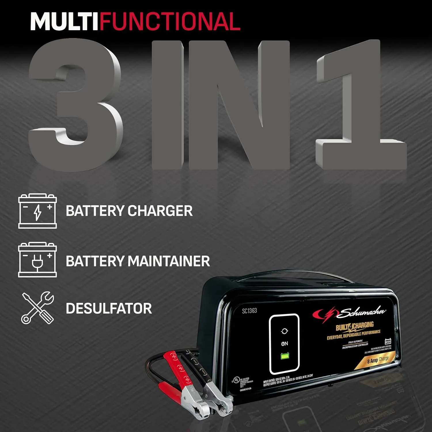 Schumacher Electric Battery Charger and Maintainer, SC1363, 3-in-1, Fully Automatic, 8 Amps, 6 Volt, 12 Volt, for Car, SUV, Truck, and Marine Batteries