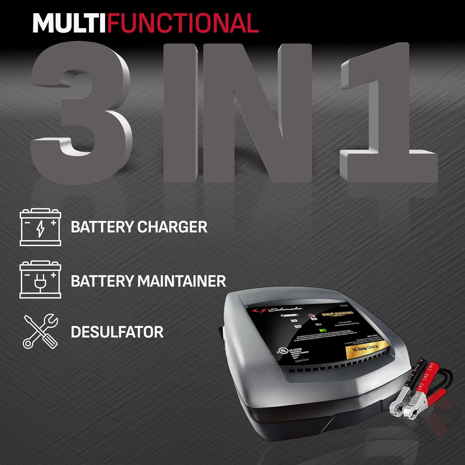Schumacher Electric Battery Charger and Maintainer, SC1322, 3-in-1, Fully Automatic, 10 Amps, 6 Volt, 12 Volt, for Car, SUV, Truck, and Marine Batteries