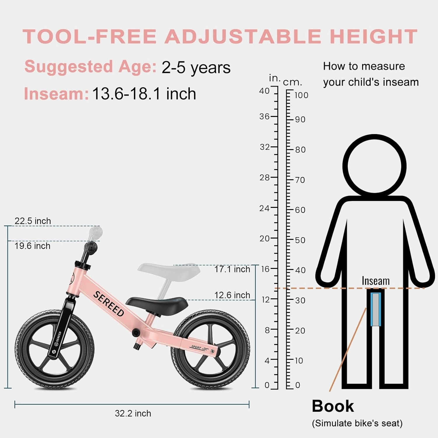 SEREED Toddler Balance Bike 2 Year Old, 12 Inch No Pedal Kids Toy Bike for 2-5 Years Old, Tool-Free Adjustment, Gift for 2-3 Girls, Customize Plate with 3pcs Stickers (Pink)