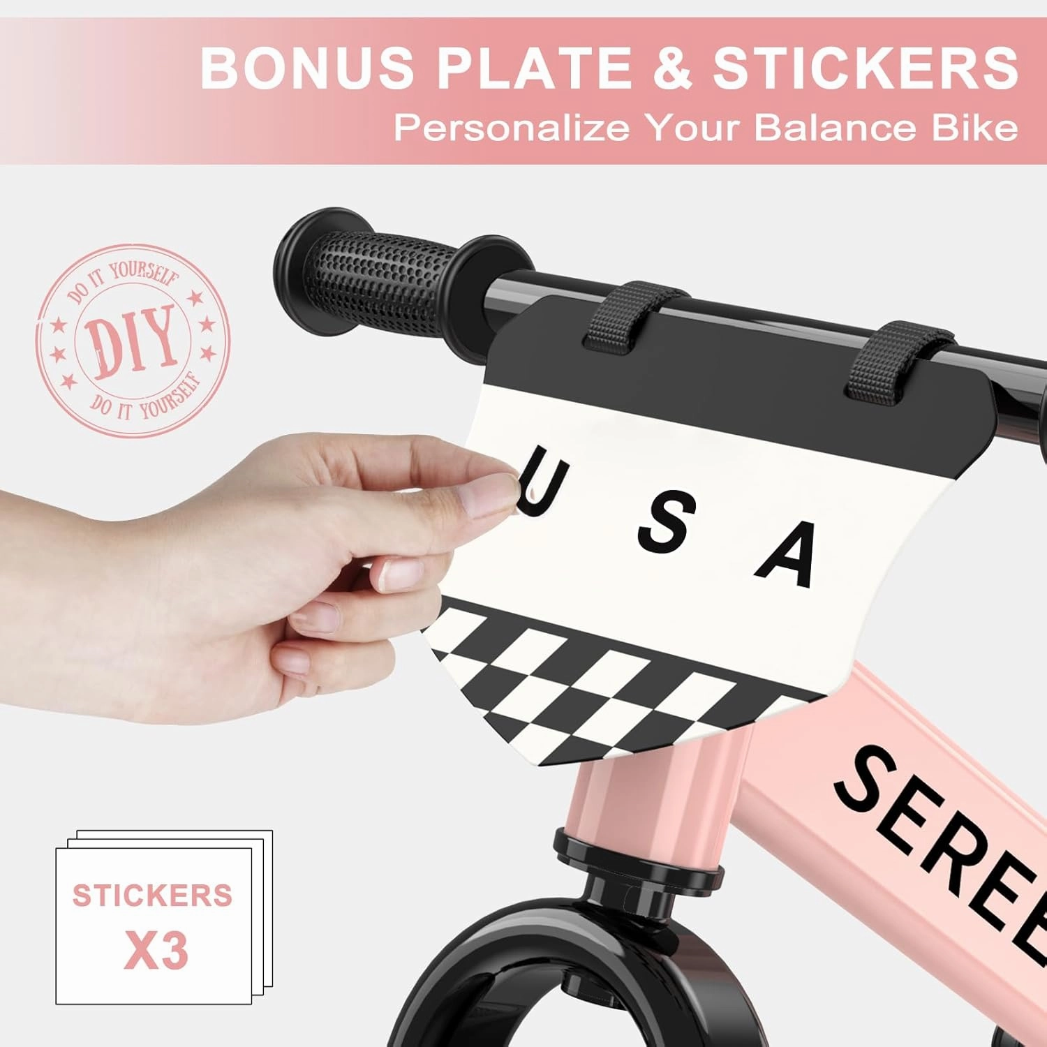 SEREED Toddler Balance Bike 2 Year Old, 12 Inch No Pedal Kids Toy Bike for 2-5 Years Old, Tool-Free Adjustment, Gift for 2-3 Girls, Customize Plate with 3pcs Stickers (Pink)