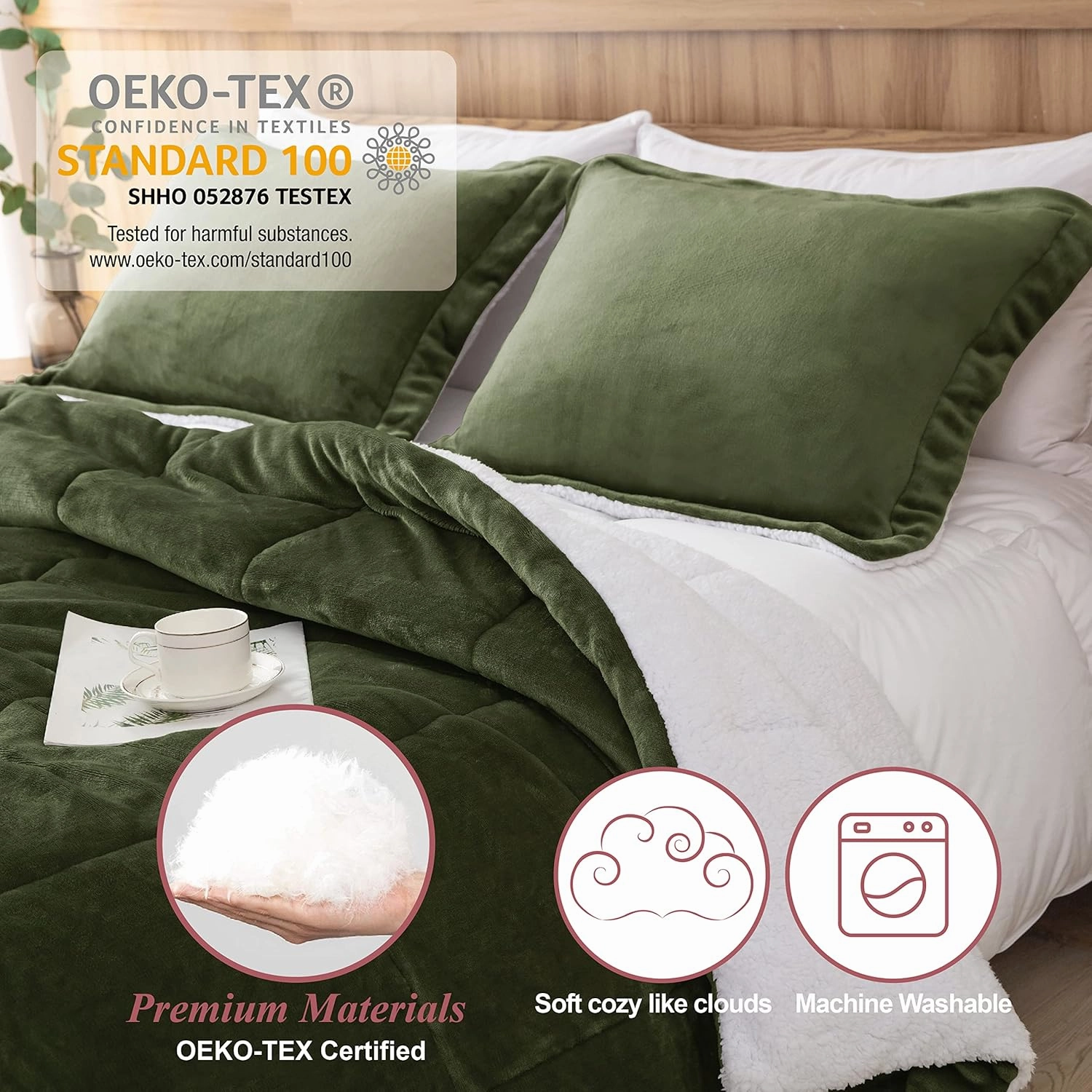 Seward Park Olive Green Sherpa Comforter Set Full Queen Size, All Season Soft Warm Fleece Blanket, Winter Bedding Sets with 2 Pillow Shams