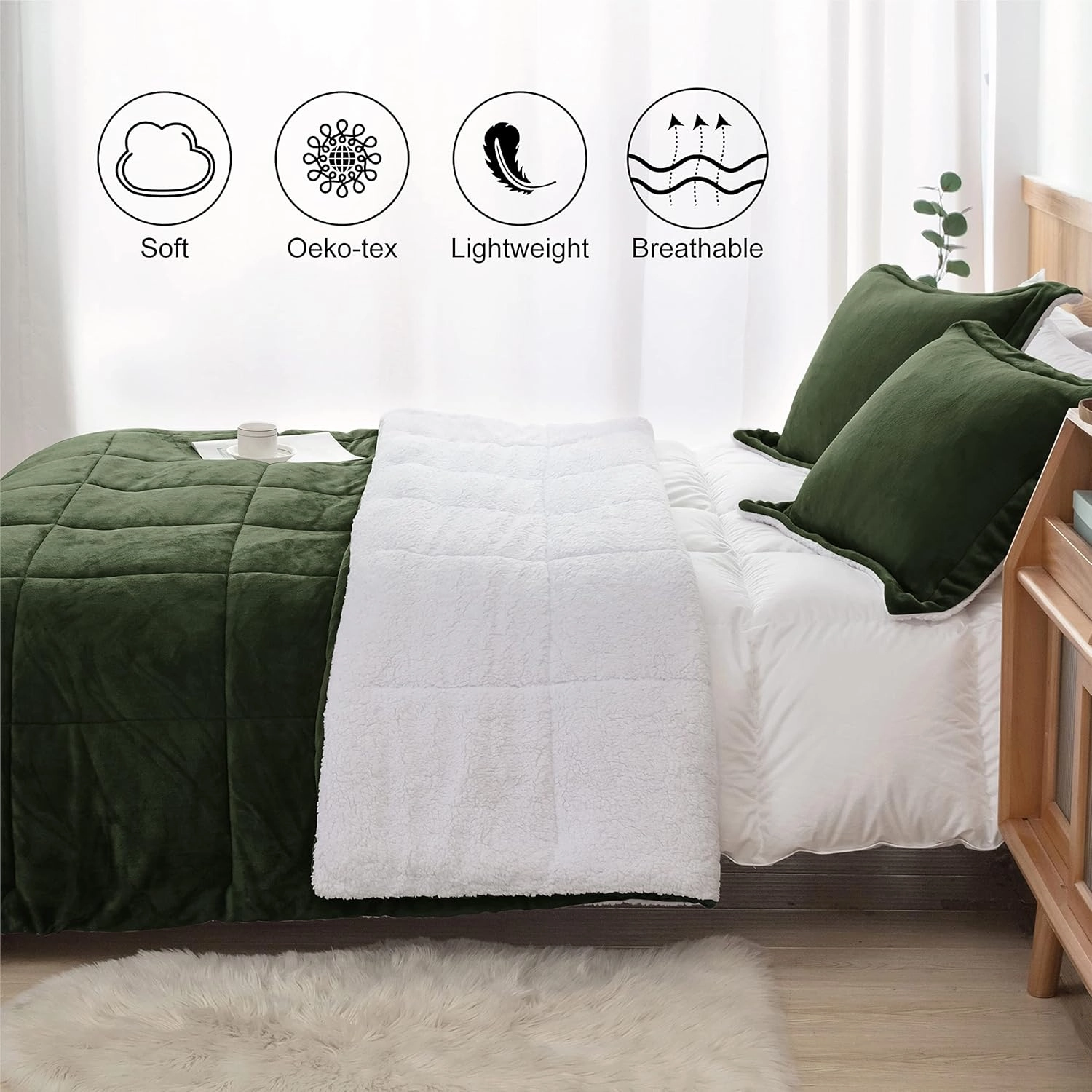 Seward Park Olive Green Sherpa Comforter Set Full Queen Size, All Season Soft Warm Fleece Blanket, Winter Bedding Sets with 2 Pillow Shams