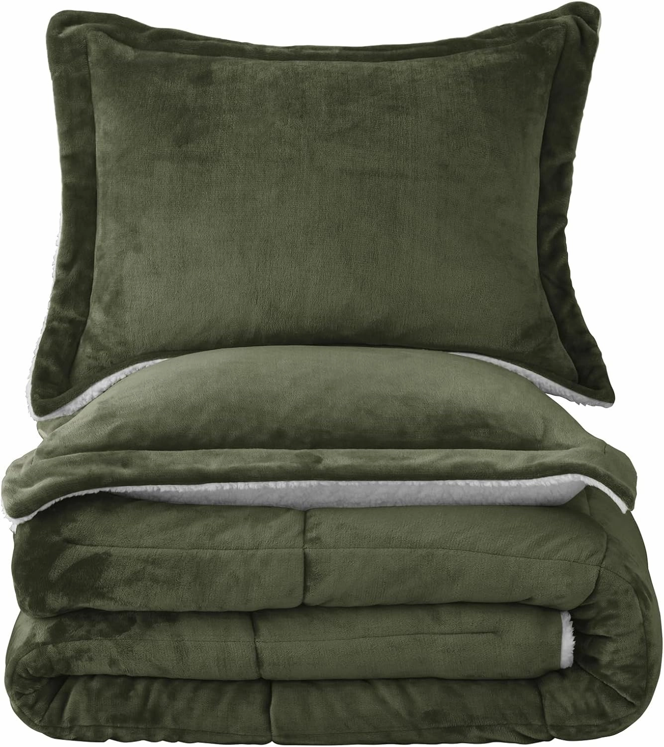 Seward Park Olive Green Sherpa Comforter Set Full Queen Size, All Season Soft Warm Fleece Blanket, Winter Bedding Sets with 2 Pillow Shams
