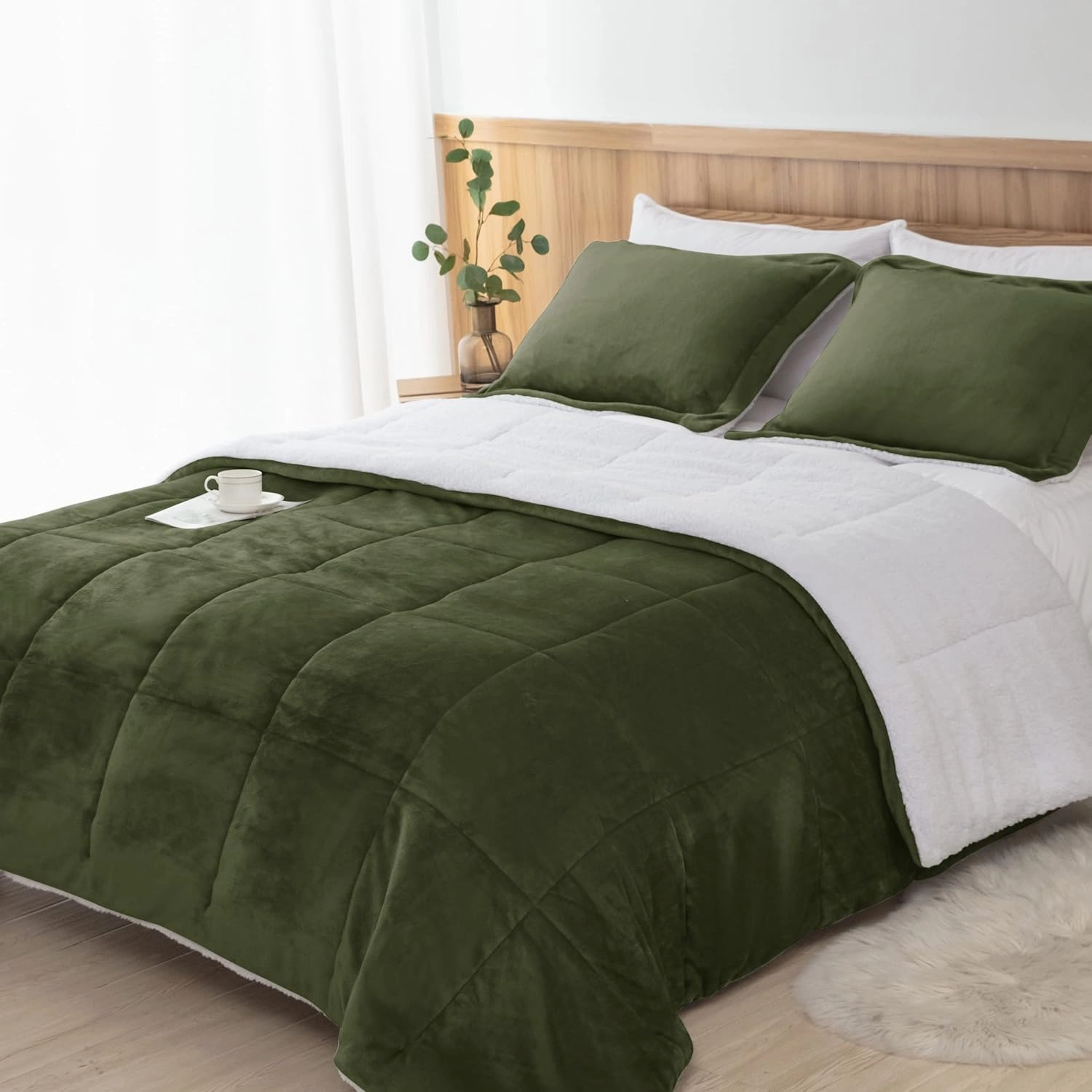 Seward Park Olive Green Sherpa Comforter Set Full Queen Size, All Season Soft Warm Fleece Blanket, Winter Bedding Sets with 2 Pillow Shams