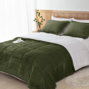 Seward Park Olive Green Sherpa Comforter Set Full Queen Size, All Season Soft Warm Fleece Blanket, Winter Bedding Sets with 2 Pillow Shams