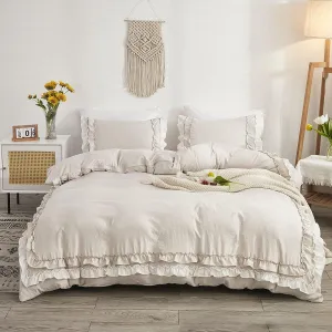 Shabby Chic 3 Pieces Bedding,Vintage Ruffled Queen Duvet Cover Set with 2 Layers Ruffles,Soft Brushed Microfiber Set with Zipper Closure,Lightweight Duvet Cover Set