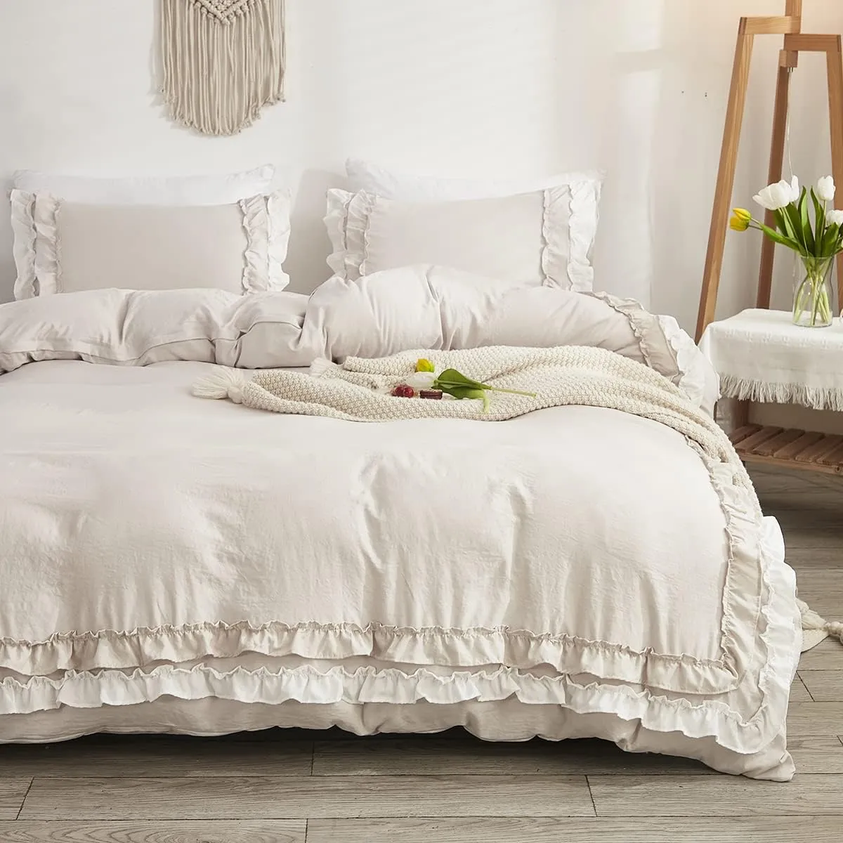 Shabby Chic 3 Pieces Bedding,Vintage Ruffled Queen Duvet Cover Set with 2 Layers Ruffles,Soft Brushed Microfiber Set with Zipper Closure,Lightweight Duvet Cover Set