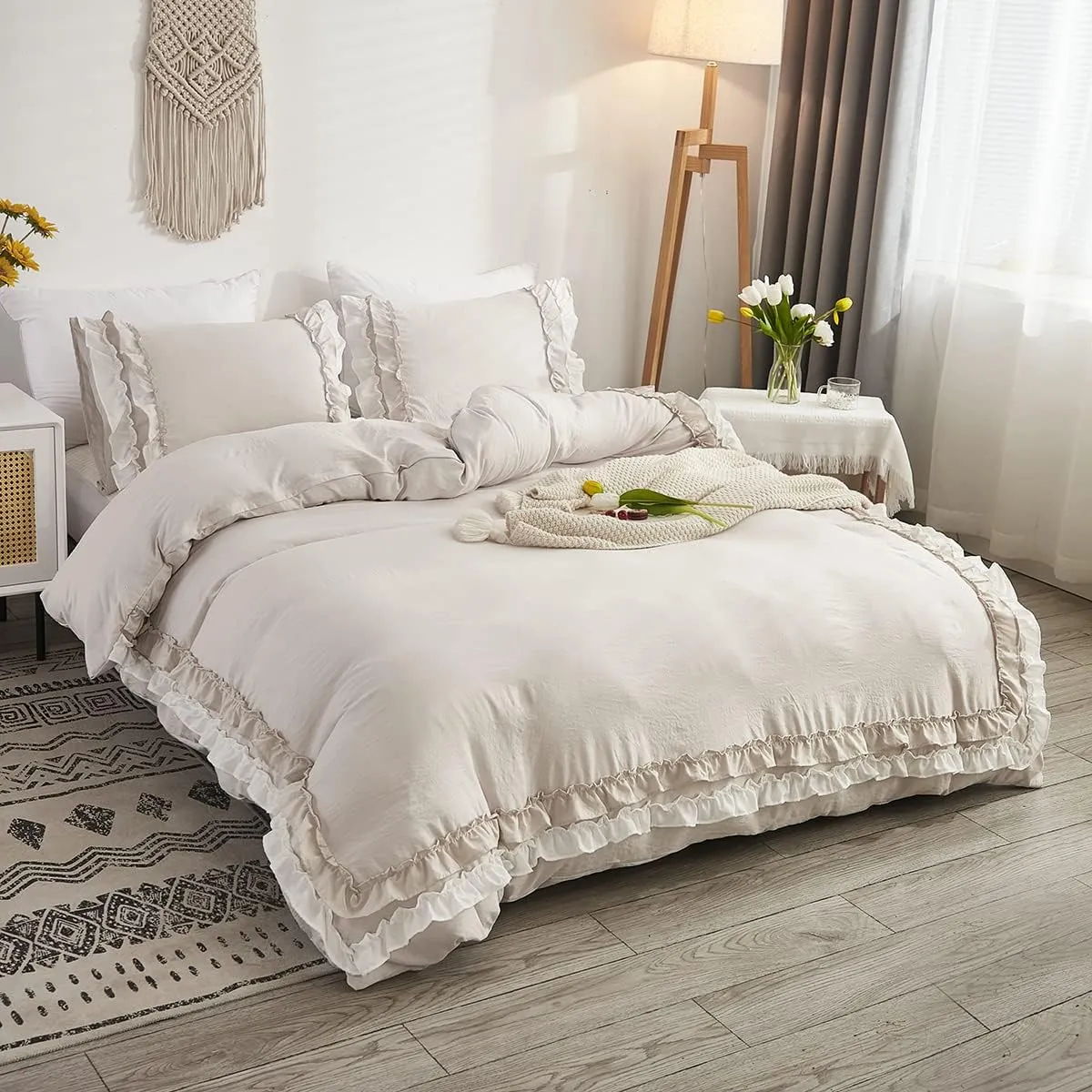 Shabby Chic 3 Pieces Bedding,Vintage Ruffled Queen Duvet Cover Set with 2 Layers Ruffles,Soft Brushed Microfiber Set with Zipper Closure,Lightweight Duvet Cover Set