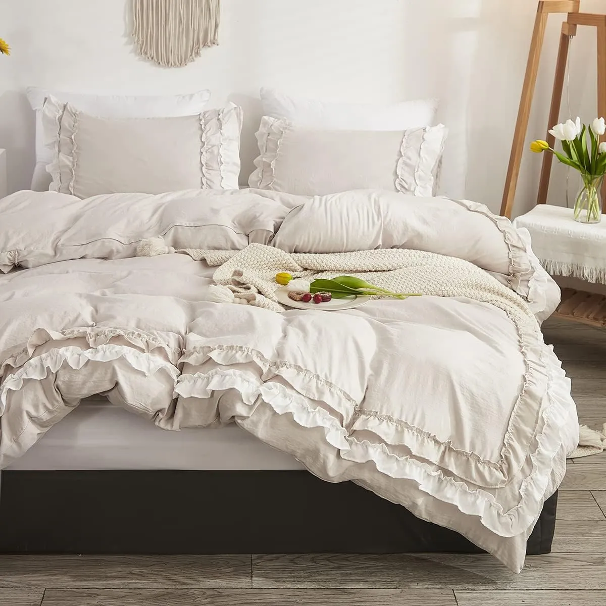 Shabby Chic 3 Pieces Bedding,Vintage Ruffled Queen Duvet Cover Set with 2 Layers Ruffles,Soft Brushed Microfiber Set with Zipper Closure,Lightweight Duvet Cover Set