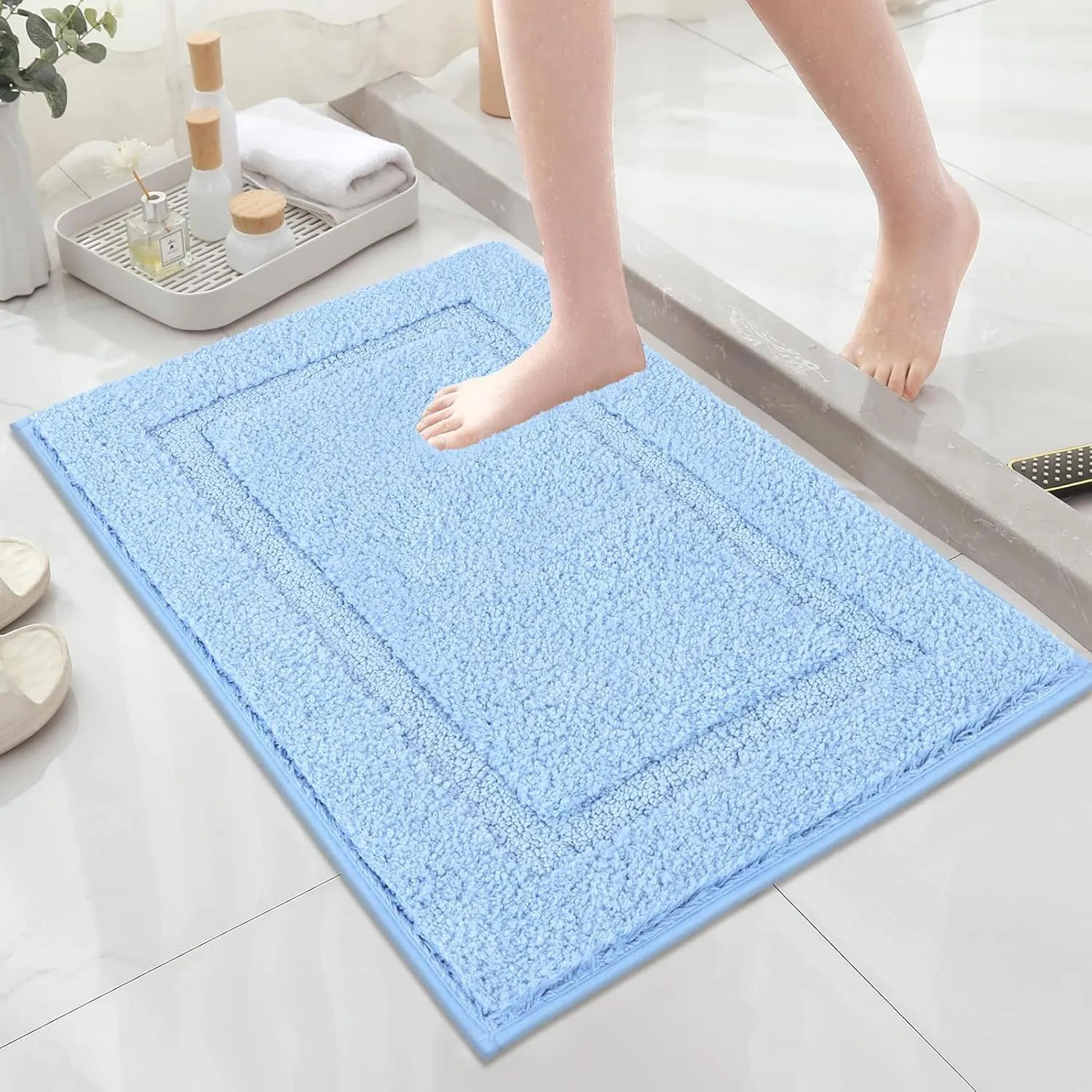 SHACOS Super Soft Small Bathroom Rugs 16x24 inch Microfiber Bath Rugs Non Slip Washable Bath Mats Absorbent Bathroom Mats for Bathroom Shower Tub, Light Blue