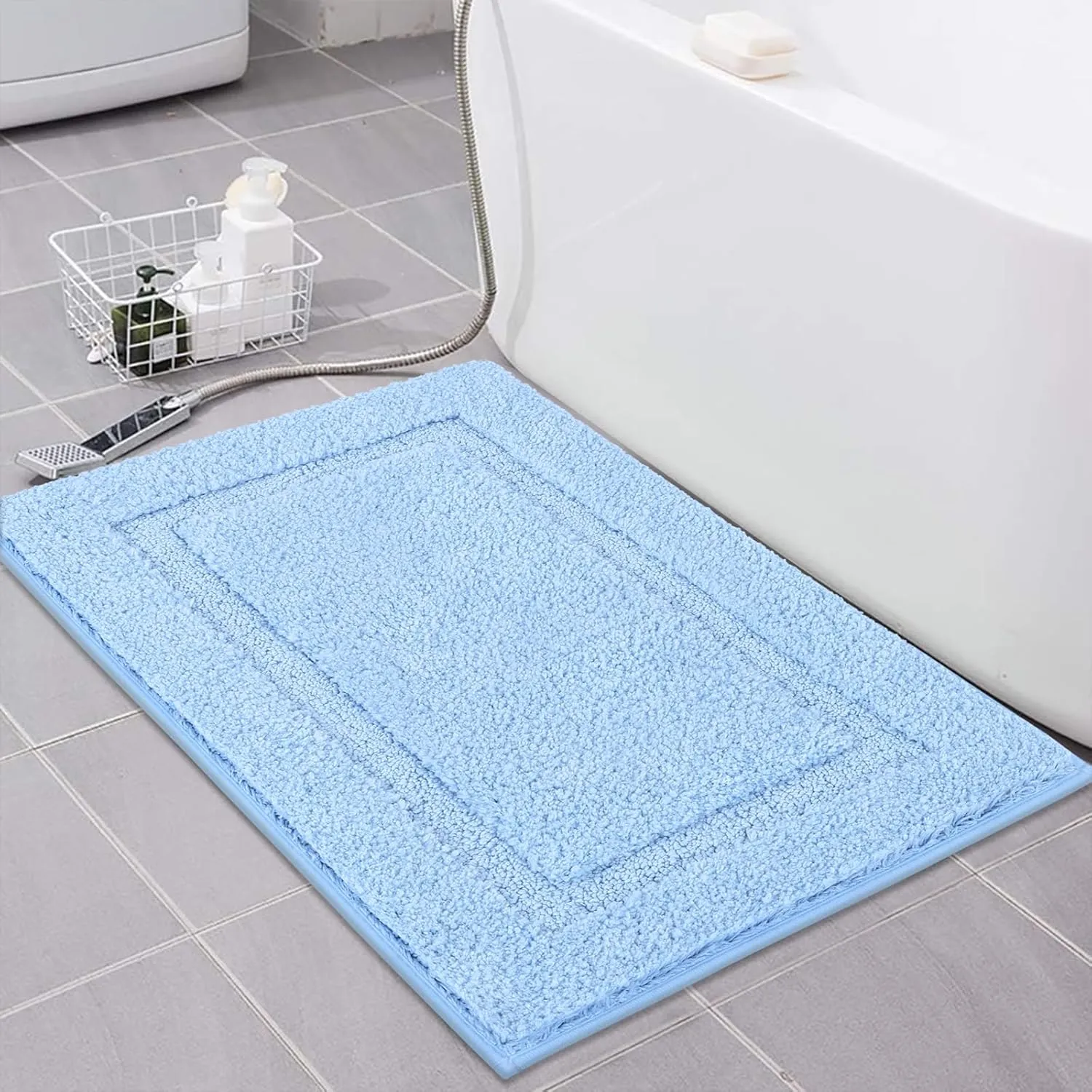 SHACOS Super Soft Small Bathroom Rugs 16x24 inch Microfiber Bath Rugs Non Slip Washable Bath Mats Absorbent Bathroom Mats for Bathroom Shower Tub, Light Blue