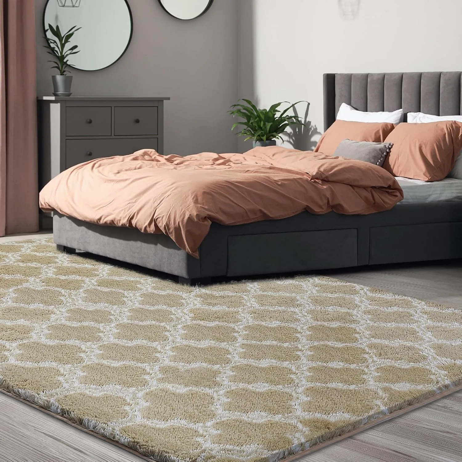 Shag Area Rug 5x7 Feet Extra Soft Rugs for Living Room, High Pile Indoor Carpet for Bedroom, Kids Room, Nursery, Home Decor, Geometric, Beige/White