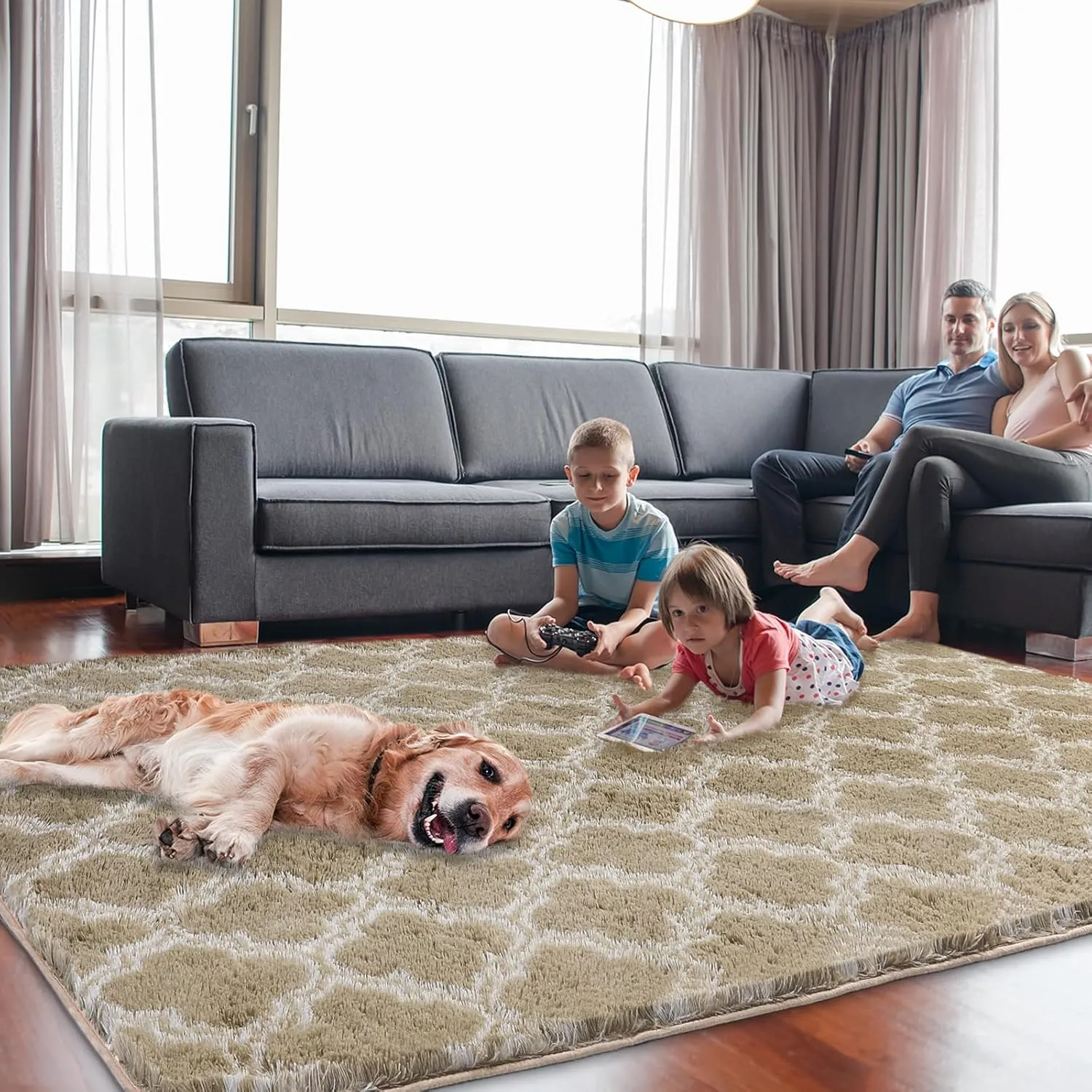 Shag Area Rug 5x7 Feet Extra Soft Rugs for Living Room, High Pile Indoor Carpet for Bedroom, Kids Room, Nursery, Home Decor, Geometric, Beige/White