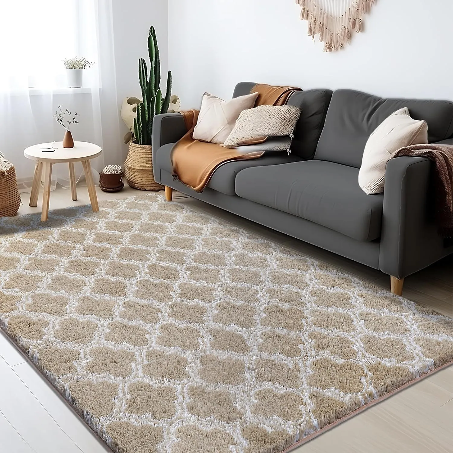 Shag Area Rug 5x7 Feet Extra Soft Rugs for Living Room, High Pile Indoor Carpet for Bedroom, Kids Room, Nursery, Home Decor, Geometric, Beige/White