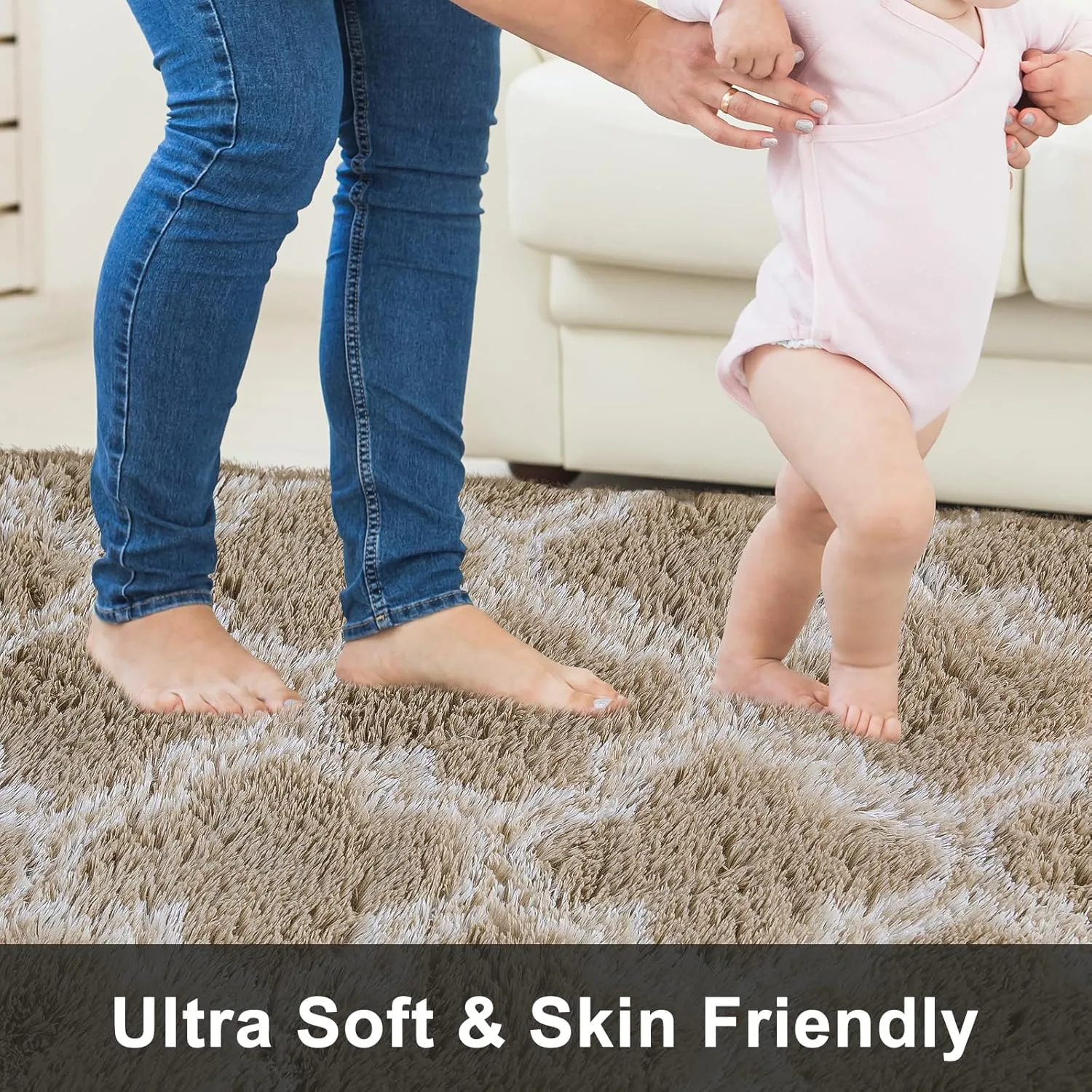 Shag Area Rug 5x7 Feet Extra Soft Rugs for Living Room, High Pile Indoor Carpet for Bedroom, Kids Room, Nursery, Home Decor, Geometric, Beige/White