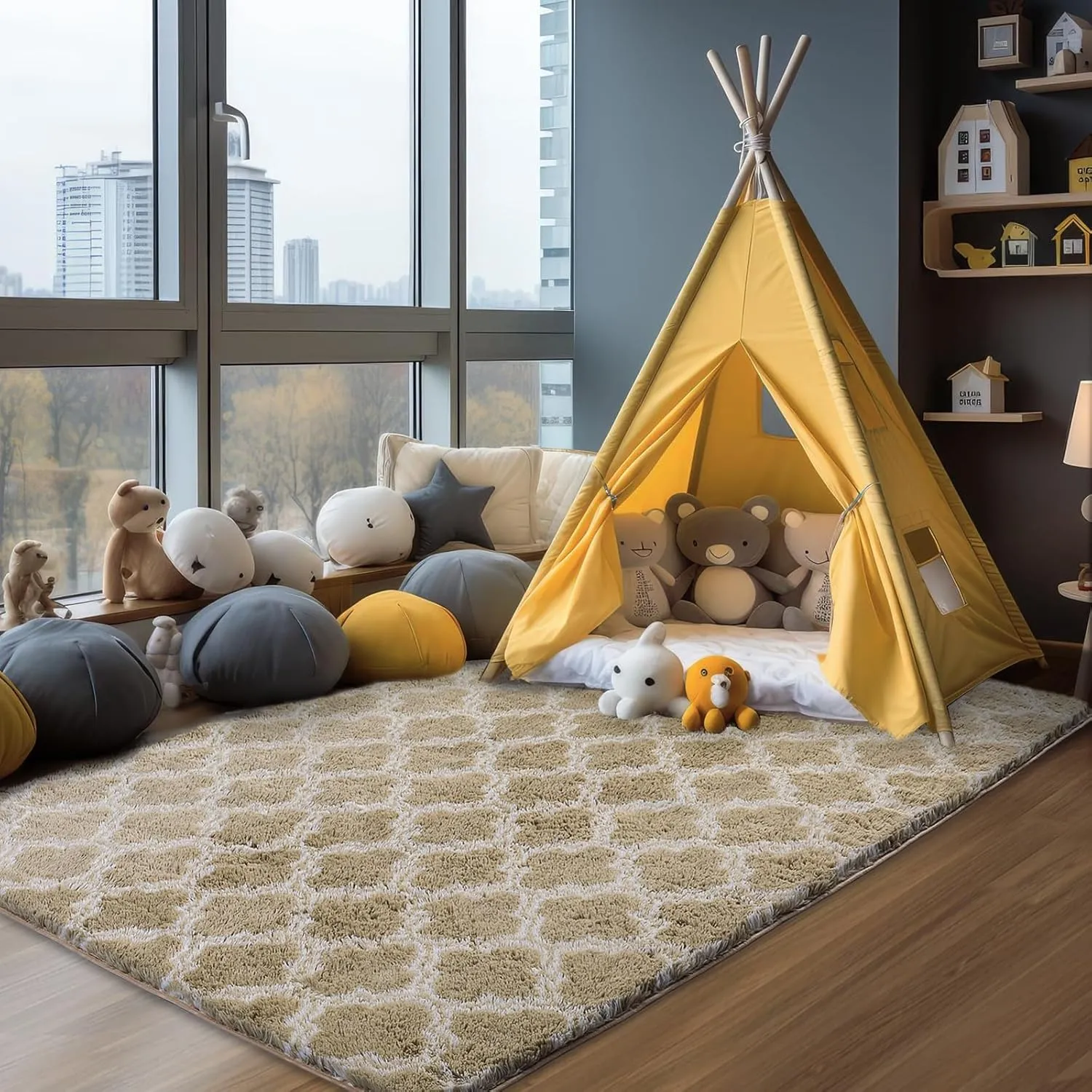 Shag Area Rug 5x7 Feet Extra Soft Rugs for Living Room, High Pile Indoor Carpet for Bedroom, Kids Room, Nursery, Home Decor, Geometric, Beige/White