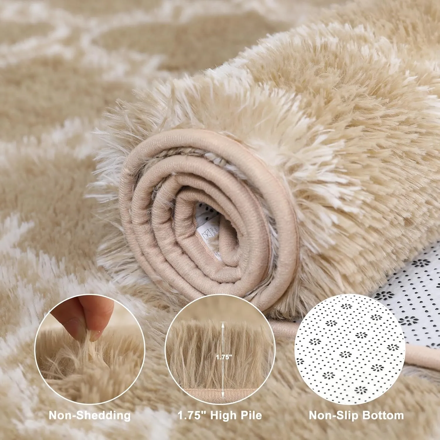 Shag Area Rug 5x7 Feet Extra Soft Rugs for Living Room, High Pile Indoor Carpet for Bedroom, Kids Room, Nursery, Home Decor, Geometric, Beige/White