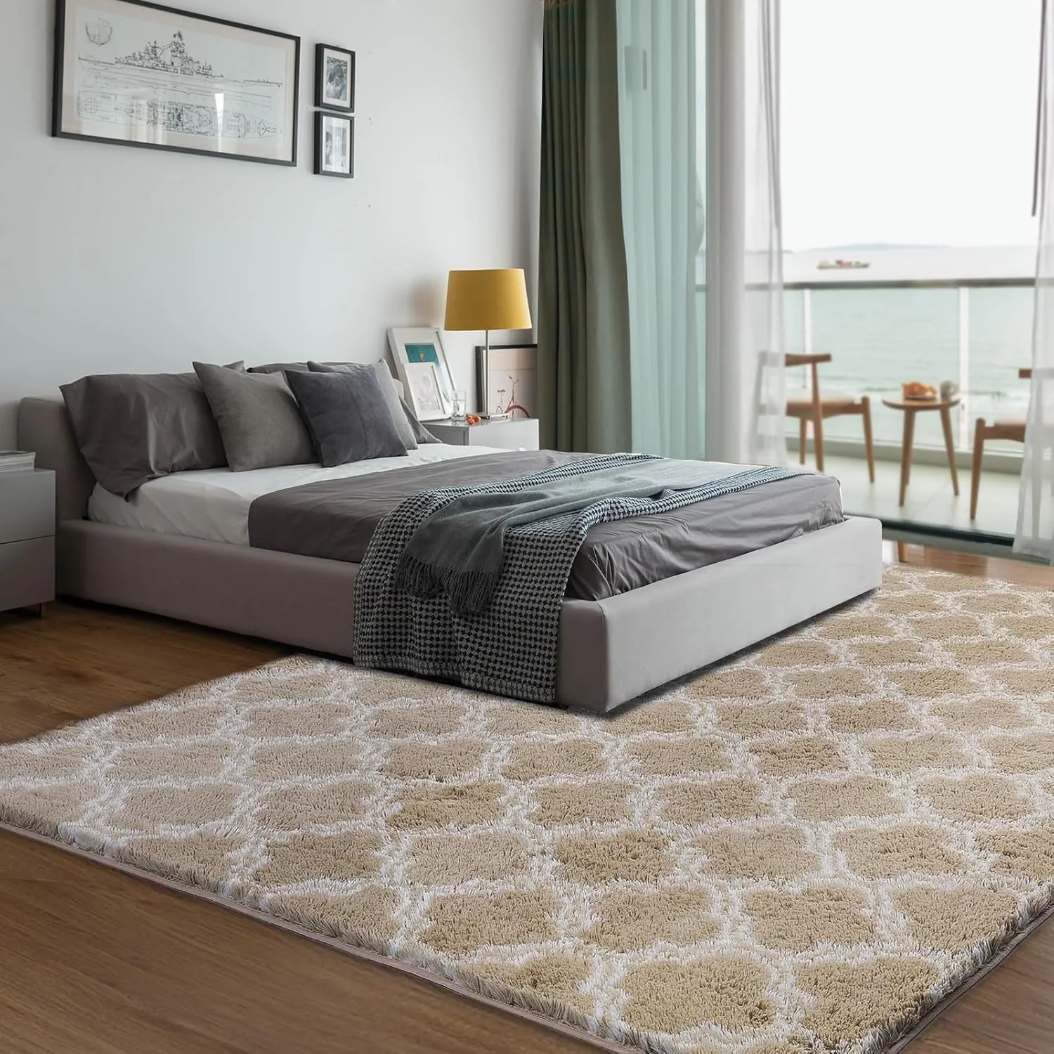 Shag Area Rug 5x7 Feet Extra Soft Rugs for Living Room, High Pile Indoor Carpet for Bedroom, Kids Room, Nursery, Home Decor, Geometric, Beige/White